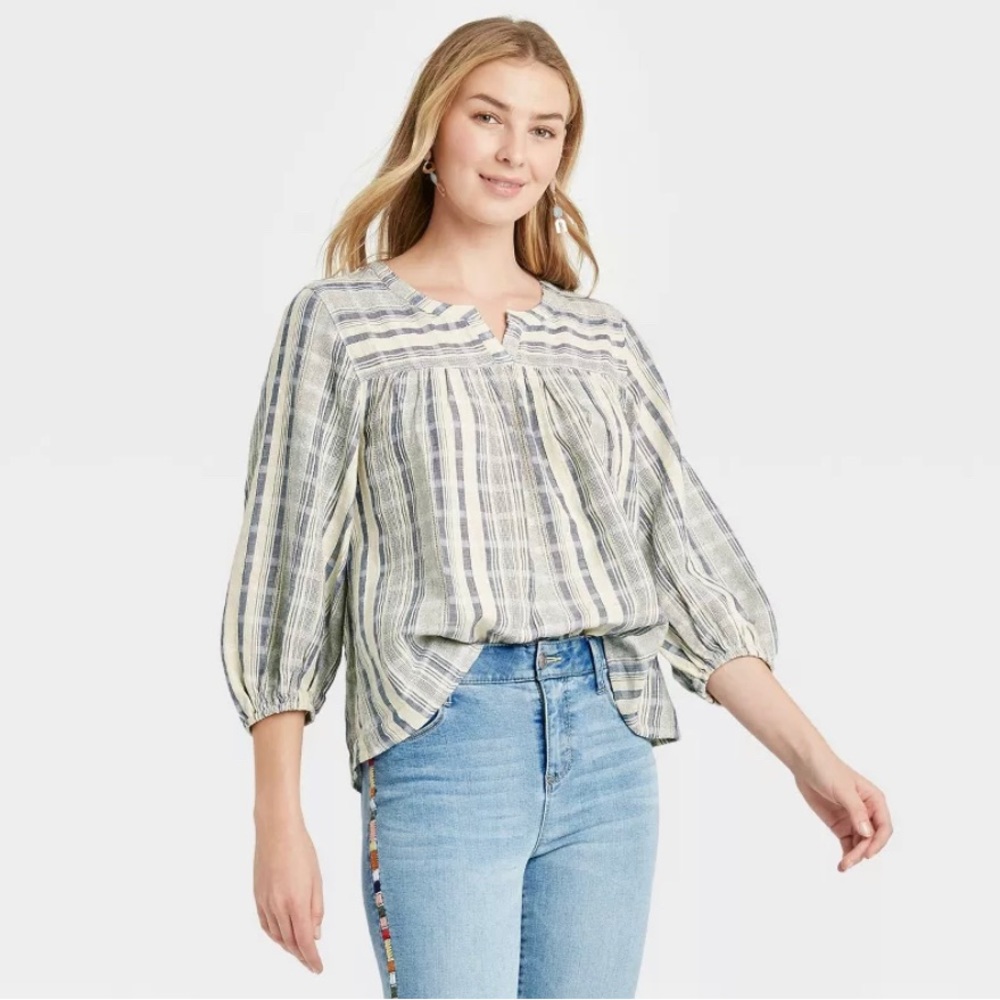KNOX ROSE Blue Denim & Cream Striped 3/4 Length Sleeve Top Size M (EUC)